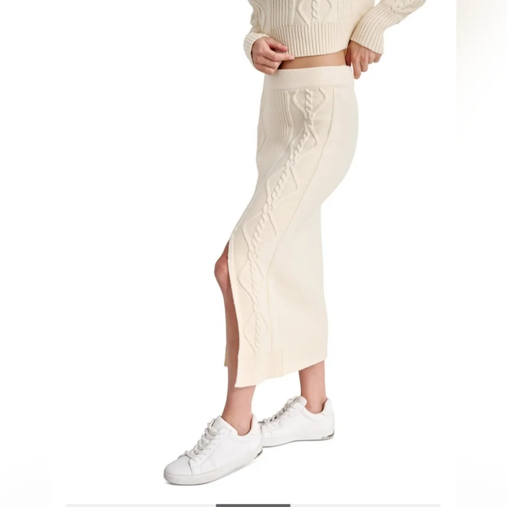 DKNY WOMEN'S CABLE KNIT SWEATER MIDI SKIRT SIZE LARGE NWT